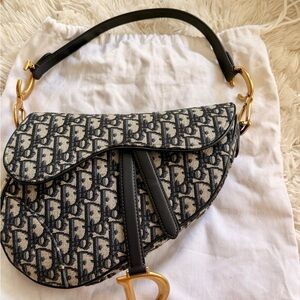 Dior Saddle Bag with Strap in Navy and Cream Oblique Jacquard